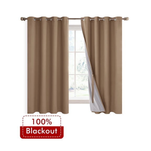 XWZO Total Blackout Curtains for Bedroom with Tiebacks, 100% Light Block Window Curtain Drape 2 Panels Set, Noise Reducing Privacy Curtain for Living Room, Khaki,52 x 45