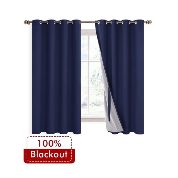 XWZO Total Blackout Curtains for Bedroom with Tiebacks, 100% Light Block Window Curtain Drape 2 Panels Set, Noise Reducing Privacy Curtain for Living Room, Navy Blue,52 x 45