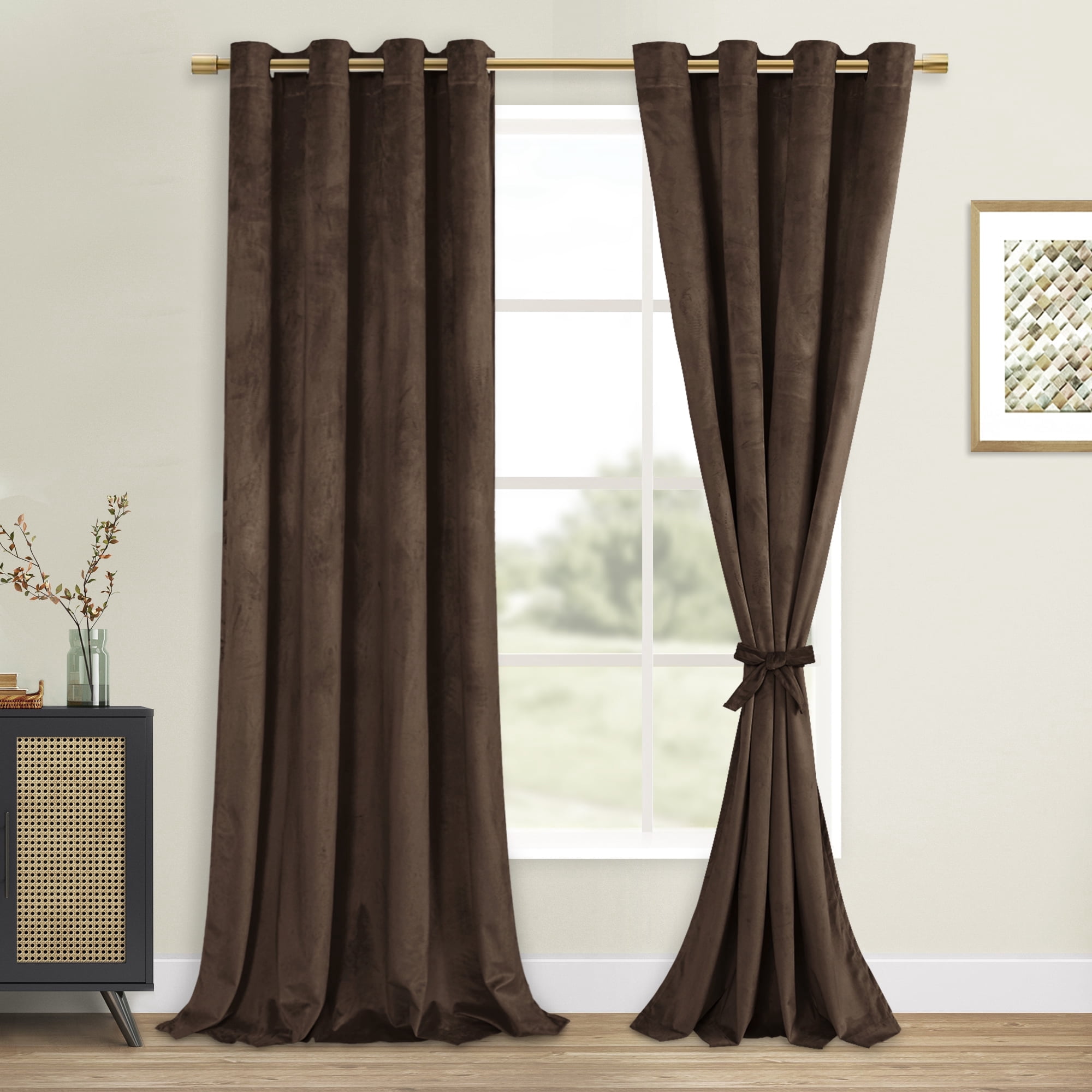 XWZO Velvet Blackout Curtains 84 Inches Long - Luxury Room Darkening Heat Blocking Grommet Window Curtain Panels for Bedroom/Home Theater/Patio Door with Tiebacks, W52 x L84, Brown, Set of 2