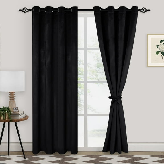 XWZO Velvet Blackout Curtains for Bedroom - Room Darkening Thermal Insulating Grommet Window Curtain Drapes for Parlor/Gallery/Dining with Tiebacks, Black, W52 x L84, Set of 2 Panels