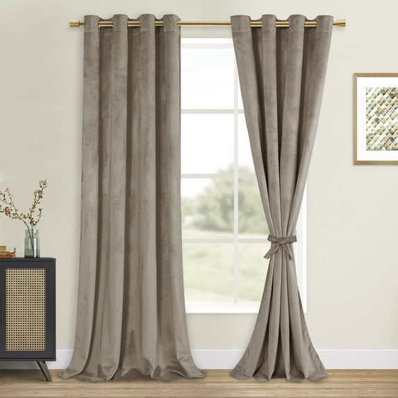 XWZO Velvet Curtains 108 Inches Long - Super Soft Luxury Room Darkening Thermal Insualted Grommet Window Curtain Panels for Bedroom/Office with Tiebacks, Taupe, W52 x L108, Set of 2