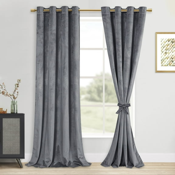 XWZO Velvet Curtains 108 Inches - Super Soft Thermal Insulated & Noise Reducing Grommet Window Curtain Panels for Bedroom/Farmhouse/Patio Door with Tiebacks, W52 x L108, Grey, Set of 2