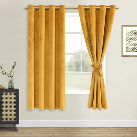 XWZO Velvet Curtains 63 Inches Length 2 Panels - Room Darkening Privacy Grommet Window Curtain Panels for Bedroom/Farmhouse/Patio Door with Tiebacks, Warm Gold, W52 x L63, Set of 2