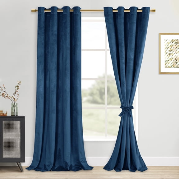 XWZO Velvet Curtains 96 Inches for Living Room - Grommet Room Darkening Curtain Panels for Bedroom/Home Theater/Patio Door with Tiebacks, Navy Blue, W52 x L96, Set of 2