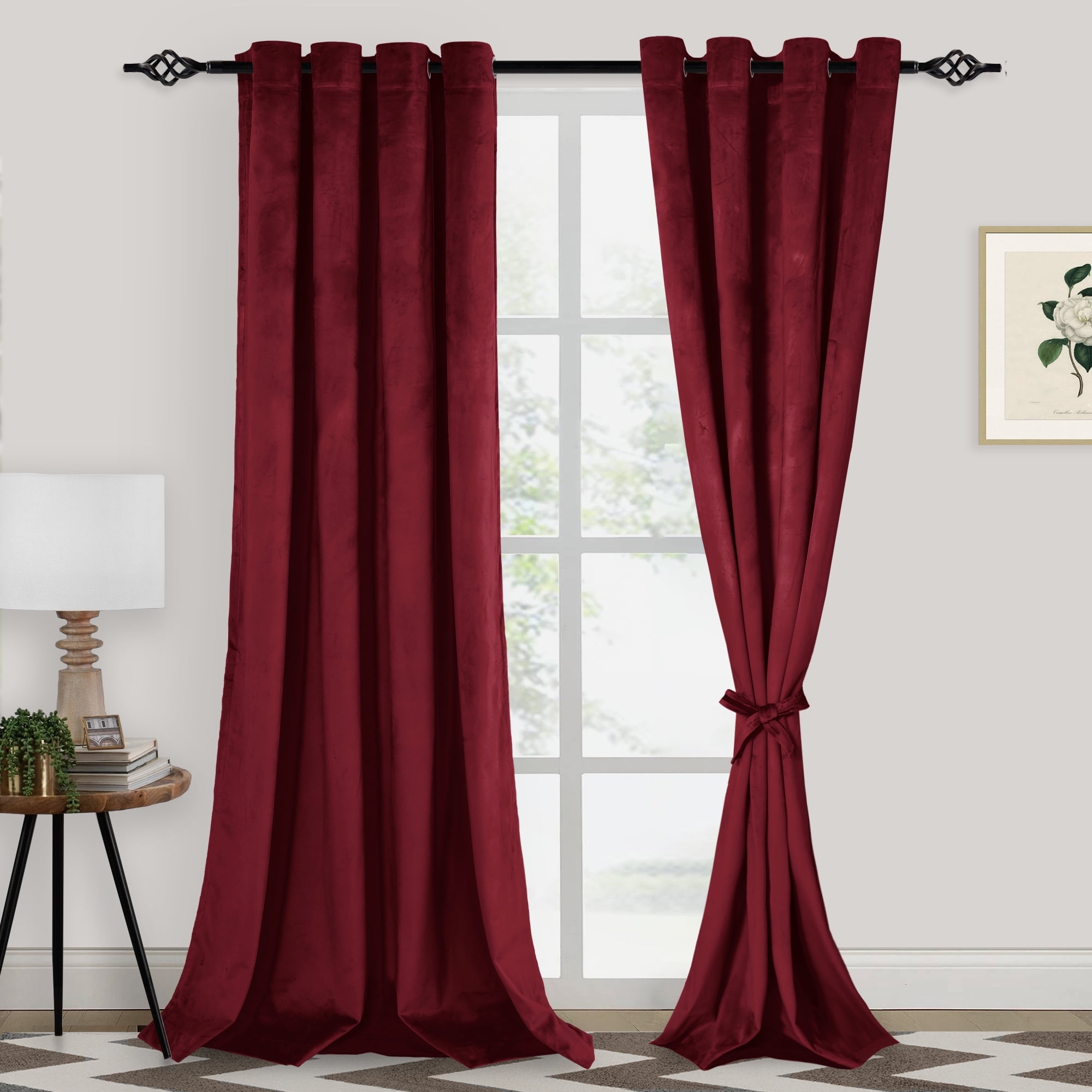 XWZO Velvet Curtains 96 Inches Long - Holiday Decor Luxury Room Darkening Heat Blocking Grommet Window Curtain Panels for Bedroom/Wedding Party/Patio Door with Tiebacks, Wine Red, W52 x L96, Set of 2