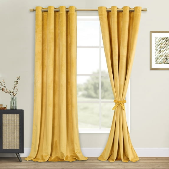 XWZO Velvet Curtains 96 Inches Long - Room Darkening Thermal Insulating Grommet Window Curtain Drapes for Parlor/Gallery/Dining with Tiebacks, W52 x L96, Yellow, Set of 2 Panels