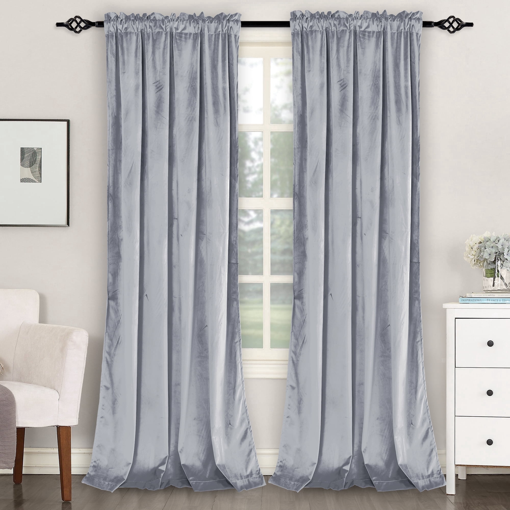 XWZO Velvet Curtains 96 inches-Blackout Curtains for Bedroom Living Room, Rod Pocket Room Darkening 2 Panels Window Drapes with Tiebacks, 52"W x 96"L, Silver Grey