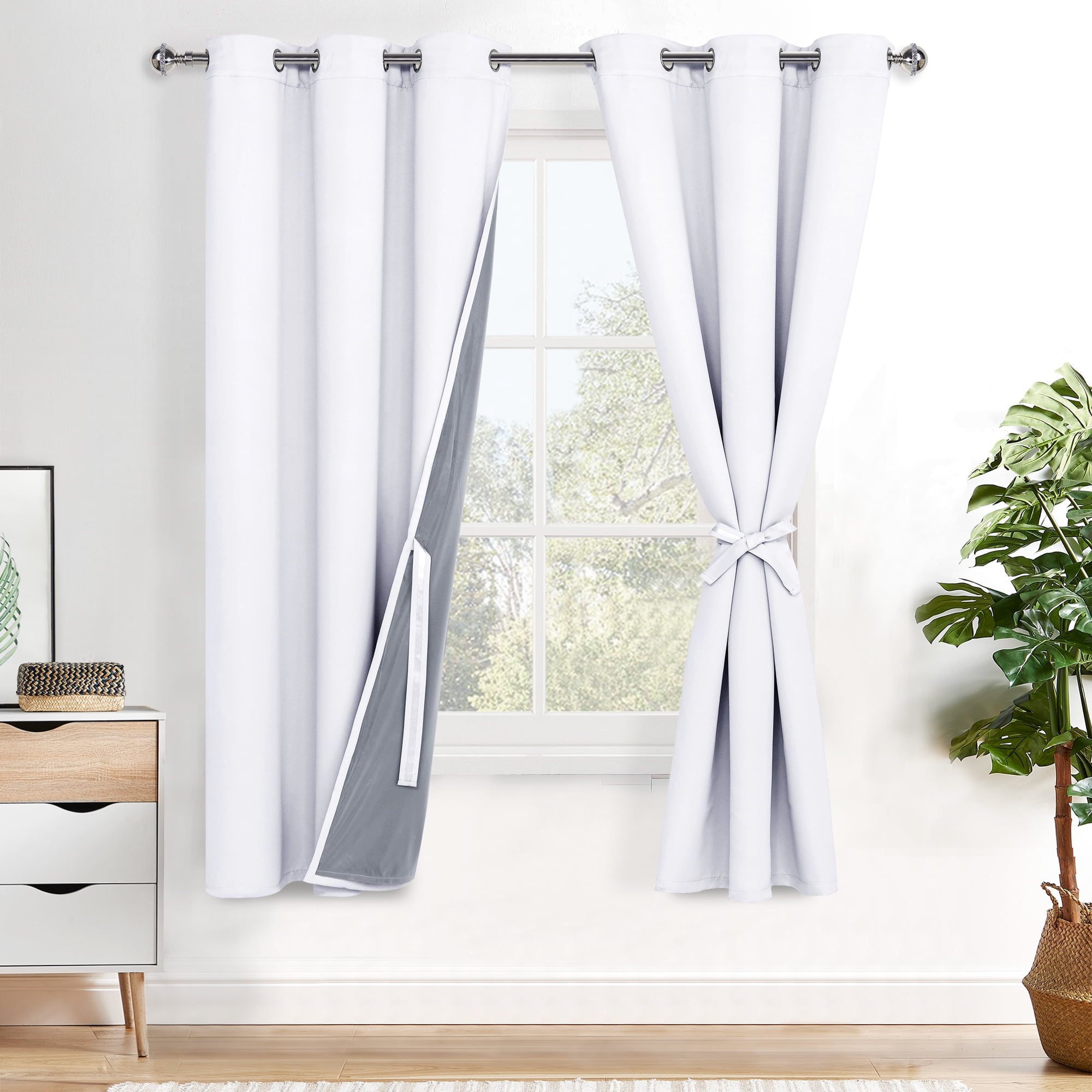 XWZO White 100% Double Layer Blackout Curtains 63 Inches Long for Bedroom with Liner,Grommet Thermal Insulated Living Room Darkening Drapes with Tiebacks(White,42"W x 63"L,2 Panels)