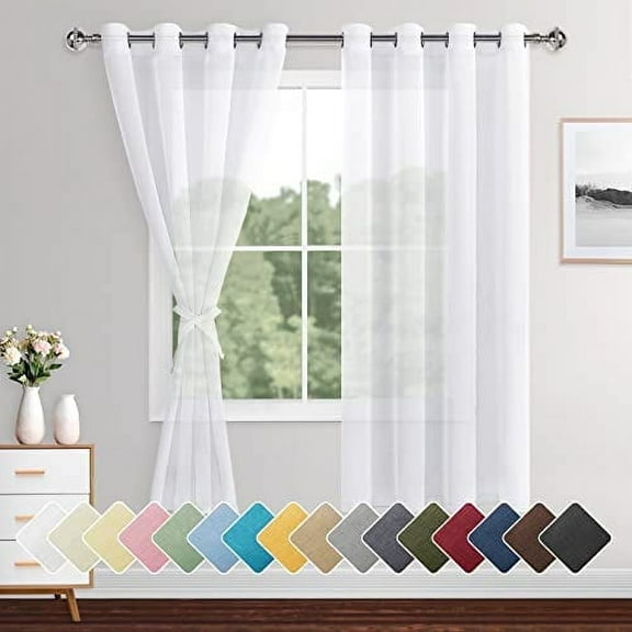 XWZO White Sheer Curtains, 72 Inch Length 2 Panels Set with Tiebacks, Grommet Semi Transparent Light Filtering Window Drapes for Bedroom Living Room Dining Wedding Backdrop, W52 x L72