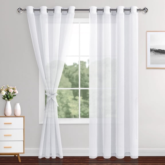 XWZO White Sheer Curtains 84 Inch Length 2 Panels Set with Bundleable Tiebacks, Grommet Semi Transparent Light Filtering Voile Window Cortina Drapes for Bedroom Living Room, W52 x L84