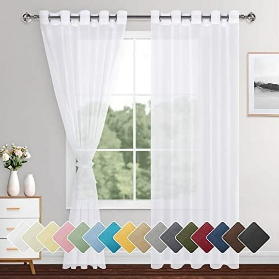 XWZO White Sheer Curtains, 84 Inch Length 2 Panels Set with Tiebacks, Grommet Semi Transparent Light Filtering Window Drapes for Bedroom Living Room Dining Wedding Backdrop, W60 x L84