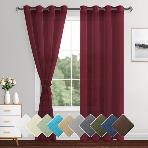 XWZO Wine Red Sheer Curtains, 84 Inch Length 2 Panels Set with Tiebacks, Grommet Semi Transparent Light Filtering Window Drapes for Bedroom Living Room Dining Wedding Backdrop, W52 x L84