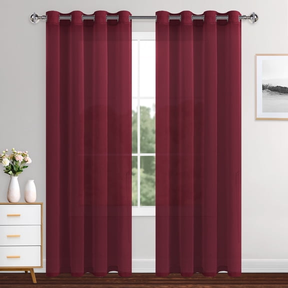 XWZO Wine Red Sheer Curtains, 84 Inch Length 2 Panels Set with Tiebacks, Grommet Semi Transparent Light Filtering Window Drapes for Bedroom Living Room Dining Wedding Backdrop, W52 x L84