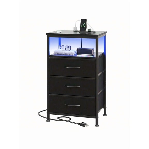XX 3 Sizes Nightstand With Charging Station, Bedside End Table With Fabric Drawers & USB/Type-C Ports And Outlets, Night Stand For Bedroom Furniture, Adjustable Feet And Variable Light Strip,Black