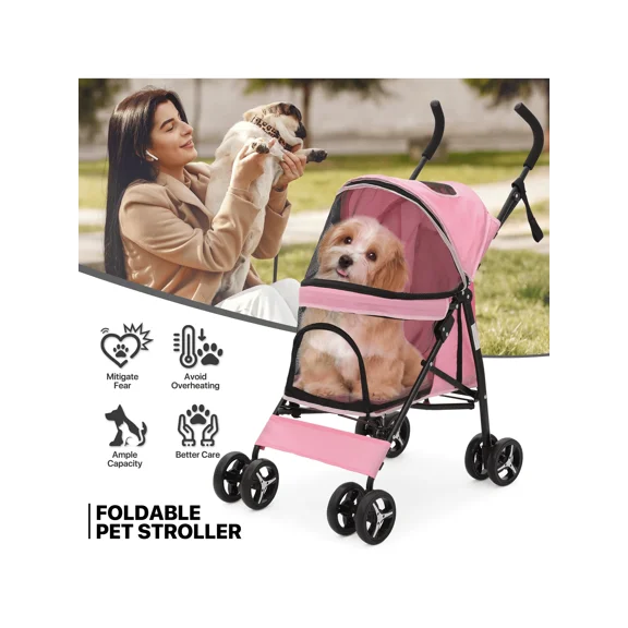XX 4 Wheels Dog Stroller, Easy-Fold Puppy Cage Jogger Stroller With Sun Cover, Pad And Rear Storage Bag, Breathable And Visible Mesh Dogs & Cats