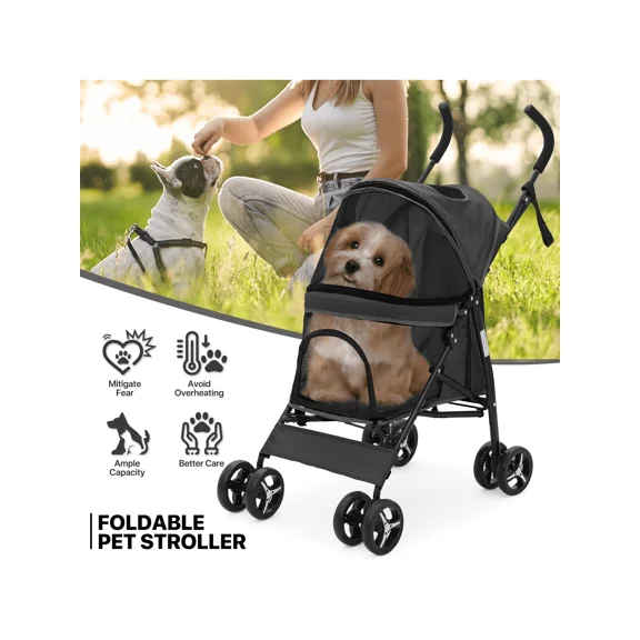 XX 4 Wheels Dog Stroller, Easy-Fold Puppy Cage Jogger Stroller With Sun Cover, Pad And Rear Storage Bag, Breathable And Visible Mesh Dogs & Cats