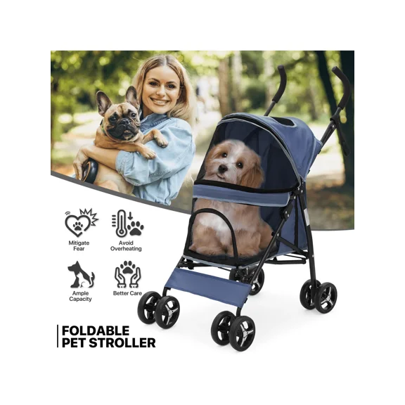 XX 4 Wheels Dog Stroller, Easy-Fold Puppy Cage Jogger Stroller With Sun Cover, Pad And Rear Storage Bag, Breathable And Visible Mesh Dogs & Cats
