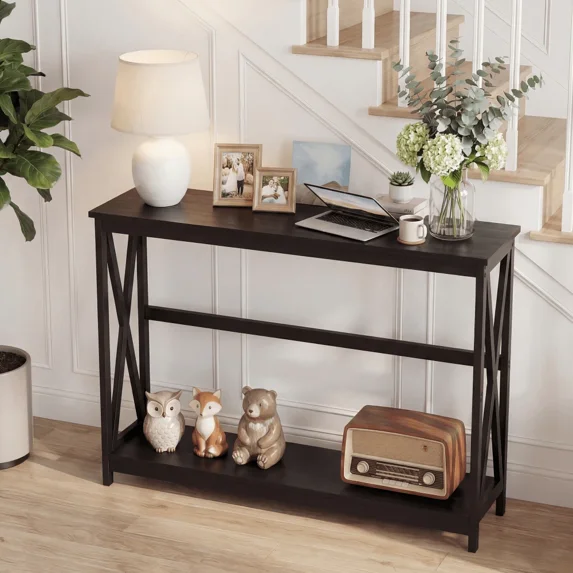 XX 40" Modern 2-Tier Console Table With Metal X-Frame, Wood Entryway Table (200 Lbs Capacity)