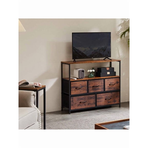 XX 5 Fabric Drawer Dresser TV Stand For Bedroom, Entertainment Center For 45 Inch TV With Storage Drawer Unit, Open Shelf, Adjustable Feet, Living Room