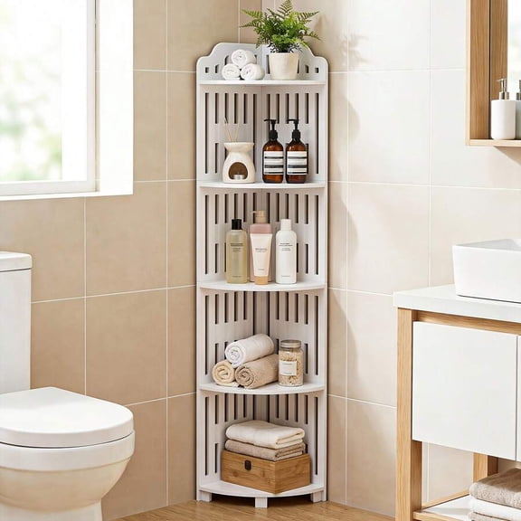 XX 5-Tier 43.31 Inch Waterproof PVC Corner Storage Shelf, Scandinavian Style Organizer For Bathroom/Kitchen/Living Room 30lbs Capacity
