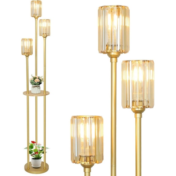 XX Gold Standing Lamp with Shelf, Vintage Floor Lamp for Living Room, Retro Floor Lamp with Table, Mid Century Tall Lamp with Amber Crystal Shade, On/Off Switch, Brass Boho Corner Lamp for Bedroom