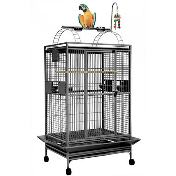 XX-LARGE 32"x23"x66"H Deluxe and Sturdy Wrought Iron Bird Parrot Rolling Cage Double Ladders Open Play Top Perch Stand With Seed Guard