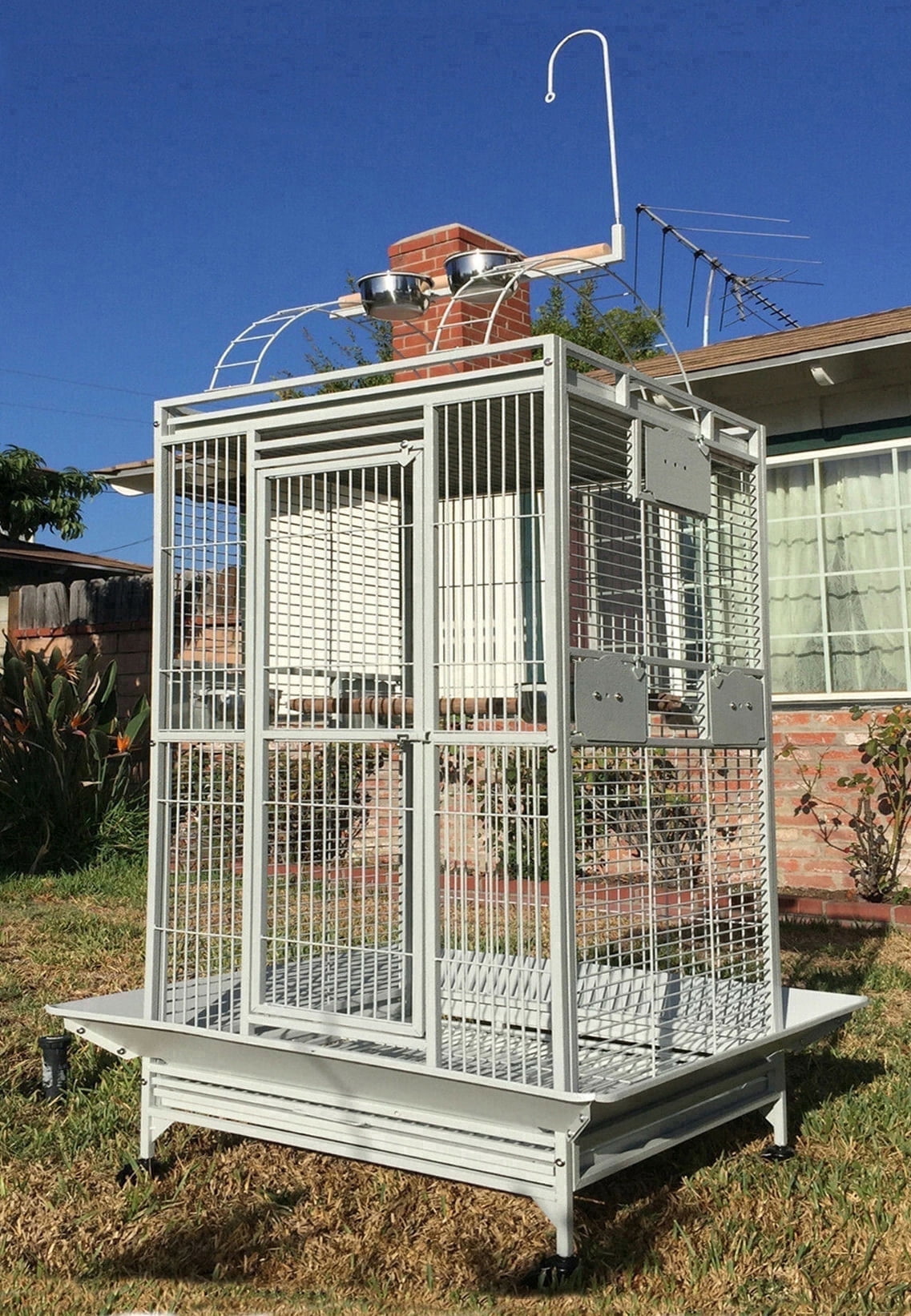 XX-Large 32" x 23" x 66"H Elegant and Durable Wrought Iron Bird Parrot Rolling Cage Double Ladders Open Play Top Perch Stand With Seed Guard