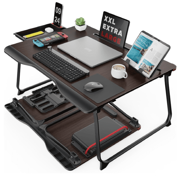 XX-Large Foldable Bed Tray Table for Eating Breakfast, Writing, Working, Gaming, Drawing with Storage Drawer, Handrest Bookstand, Tablet Stand, Phone Stand(Black Cherry)