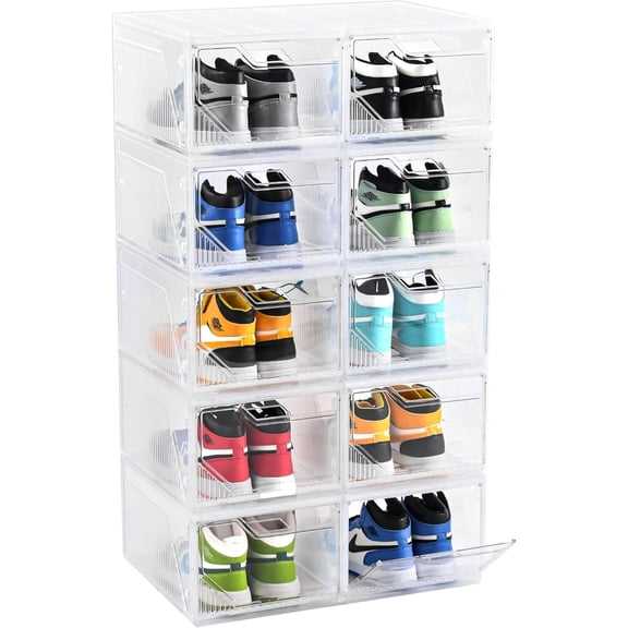 XX-Large Shoe Sneaker Storage Boxes for Size 14,Easy-to-Install Shoe Boxes, Thick and Stable, Stackable Shoe Boxes, Closet Organization (Clear White, XXL-10-pcs)