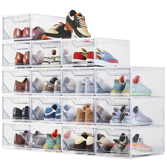 XX-Large Shoe Sneaker Storage Boxes for Size 14, Stackable & Thicken Clear Plastic Shoe Organizers 16 Pack for Entryway Closet Under Bed, Shoe Storage Cabinets Container Display Case w/ Magnetic Door