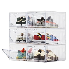XX-Large Shoe Sneaker Storage Boxes for Size 14, Stackable & Thicken Clear Plastic Shoe Organizers 6 Packs for Entryway Closet Under Bed, Shoe Storage Cabinets Container Display Case w/ Magnetic Door