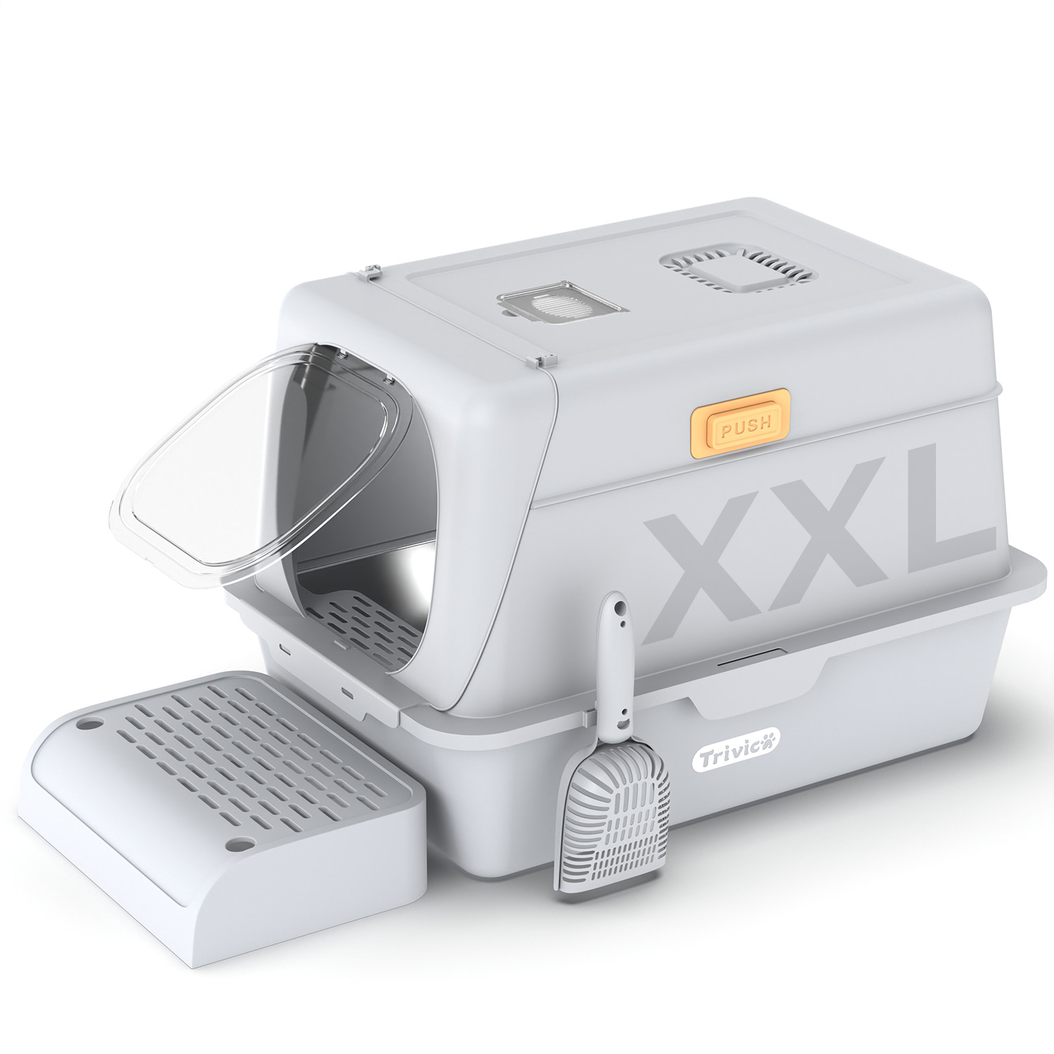 XX-Large Stainless Steel Cat Litter Box with Lid – Fully Enclosed Large Litter Box for Big Cats, Odor Control with Magnetic Door, Easy Clean, Multi-Cat Durable Metal Pan.(White-Gray)