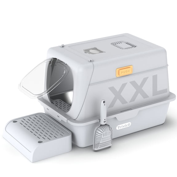 XX-Large Stainless Steel Cat Litter Box with Lid Fully Enclosed Large Litter Box for Big Cats, Odor Control with Magnetic Door, Easy Clean, Multi-Cat Durable Metal Pan.(White-Gray)