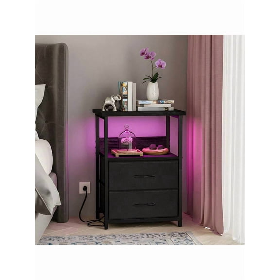 XX Nightstand With Charging Station, LED Light, USB Ports & Outlets - Includes 2 Fabric Storage Drawers With PU Finish In Black / White / Rustic Brown