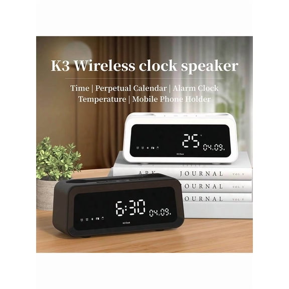 XX Portable Alarm Clock Wireless Speaker With Heavy Bass, High-Definition Call, 40h Long-Battery Life, Mobile Phone Holder, Black And White