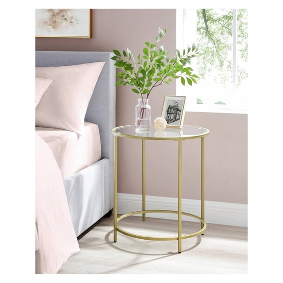XX Round Side Table, Glass End Table With Metal Frame, For Living Room, Balcony, Bedroom