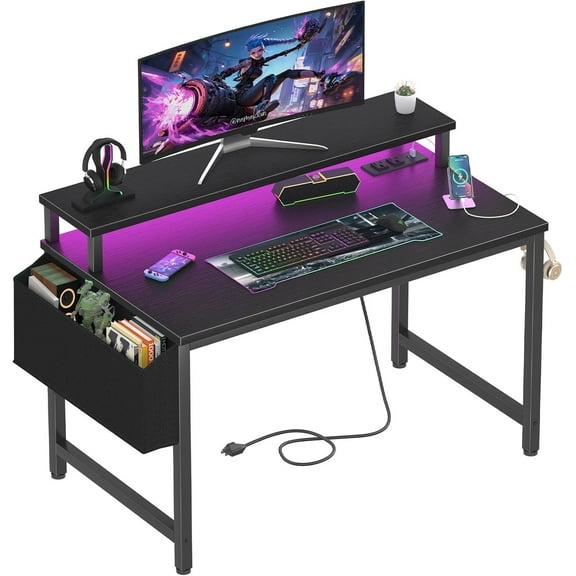 XX Small Desk with Power Outlets and LED Lights, 32 Inch Teen Writing Study Table Home Office Computer Desks with Monitor Stand, Gaming Desk with Charging Station, Black