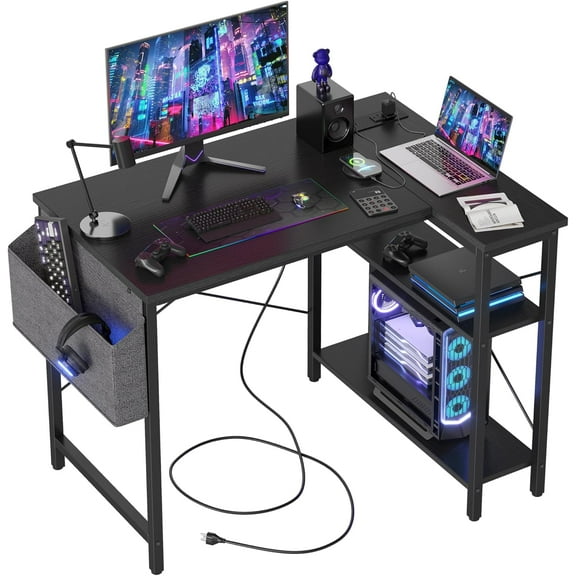 XX Small L Shaped Computer Gaming Corner Desk with Power Outlets, Reversible Shelves for Study, Writing Table for Home, Office, Bedroom, Living Room, 40 inches, Black