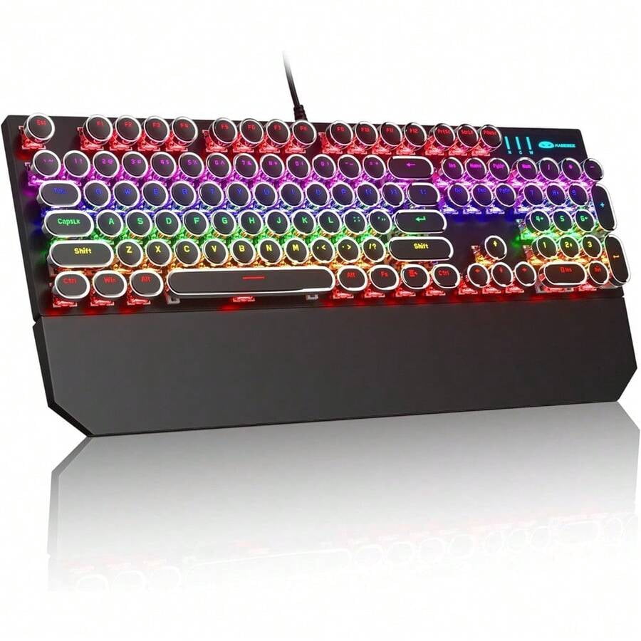 XX Typewriter Mechanical Gaming Keyboard, Retro Black Punk Round Keycaps RGB Rainbow Backlit Wired Keyboards For Laptop PC Gamer, With Magnetic Wrist Rest - Blue Switch