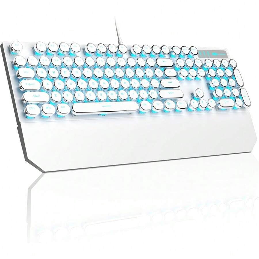 XX Typewriter Mechanical Gaming Keyboard, Retro Black Punk Round Keycaps RGB Rainbow Backlit Wired Keyboards For Laptop PC Gamer, With Magnetic Wrist Rest - Blue Switch