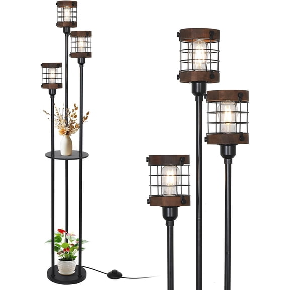 XX Vintage Floor Lamp with Shelves, Farmhouse Wood Floor Lamps for Living Room, Black Standing Lamp for Bedroom, Industrial Floor Lamp with Table, Rustic Tall Lamp for Office Corner Home Dcor