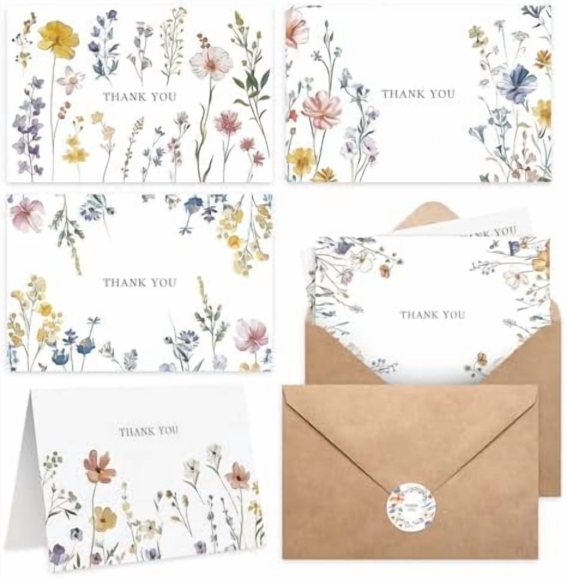 XXINMOH 102 PACK Floral Thank You Cards With Envelopes (4"x6") - Wildflower Blank Cards With Adhesive Envelopes & Matching Stickers for Wedding, Bridal Showers, Baby Showers, Birthday, All Occasion