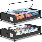 2 Pack Under the Bed Storage Containers,12 inch Height Under Bed Shoe Storage,31inch Long Underbed Storage with Wheels,Large Rolling under bed Clothes Storage Drawers with Lid for Dorm Tall,Black