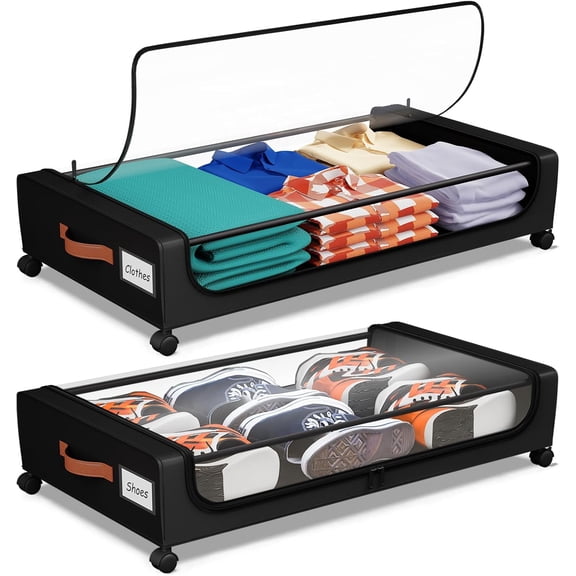 Under Bed Storage with Wheels, UnderBed Storage Containers with Clear Lid and Handles, XXL 60L Under the Bed Storage Bins Drawers for Clothes,Blankets,Shoes,Books