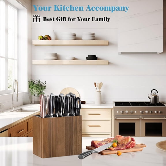 XXL Acacia Wood Knife Holder  Large Universal Knife Block with Blade-Protecting Slots, Holds 26+ Knives, Scissors, and Sharpening Rods, Space-Saving Kitchen Storage Organizer