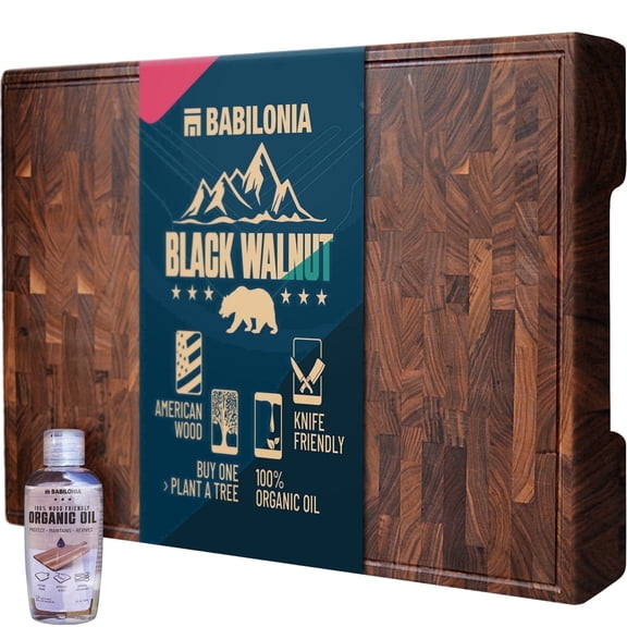 Babilonia Extra Large American Black Walnut Cutting Board, 24 x 15 x 1.7 inch End Grain Wood Chopping Board with Juice Groove and Handle (Oil & Plate Included)