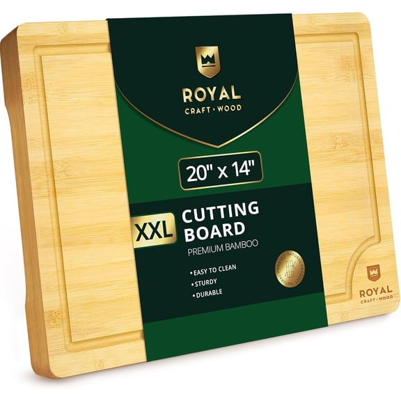 Royal Craft Wood Bamboo Cutting Boards for Kitchen - Kitchen Chopping Board for Meat, Cheese and Vegetables Wooden Heavy Duty Cutting Board Serving Tray with Handles (XXL, 20 x 14")