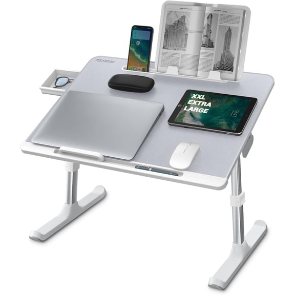 XXL Bed Table Desk for Laptop and Writing, Adjustable Computer Tray Laptop Stand for Bed or Sofa with Anti-slip Leather, Removable Stopper, Book Stand and Drawer - Gray