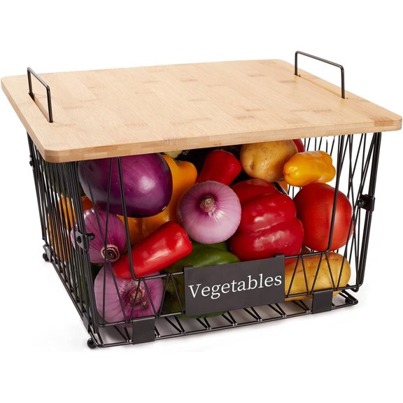 ?XXL Big Size?1 Pack Stackable Wire Storage Baskets with Lid- Pantry Cabinet Organization, Kitchen Counter Basket for Fruit Vegetable -Large Metal Bin for Pantry Organization and Storage, Black