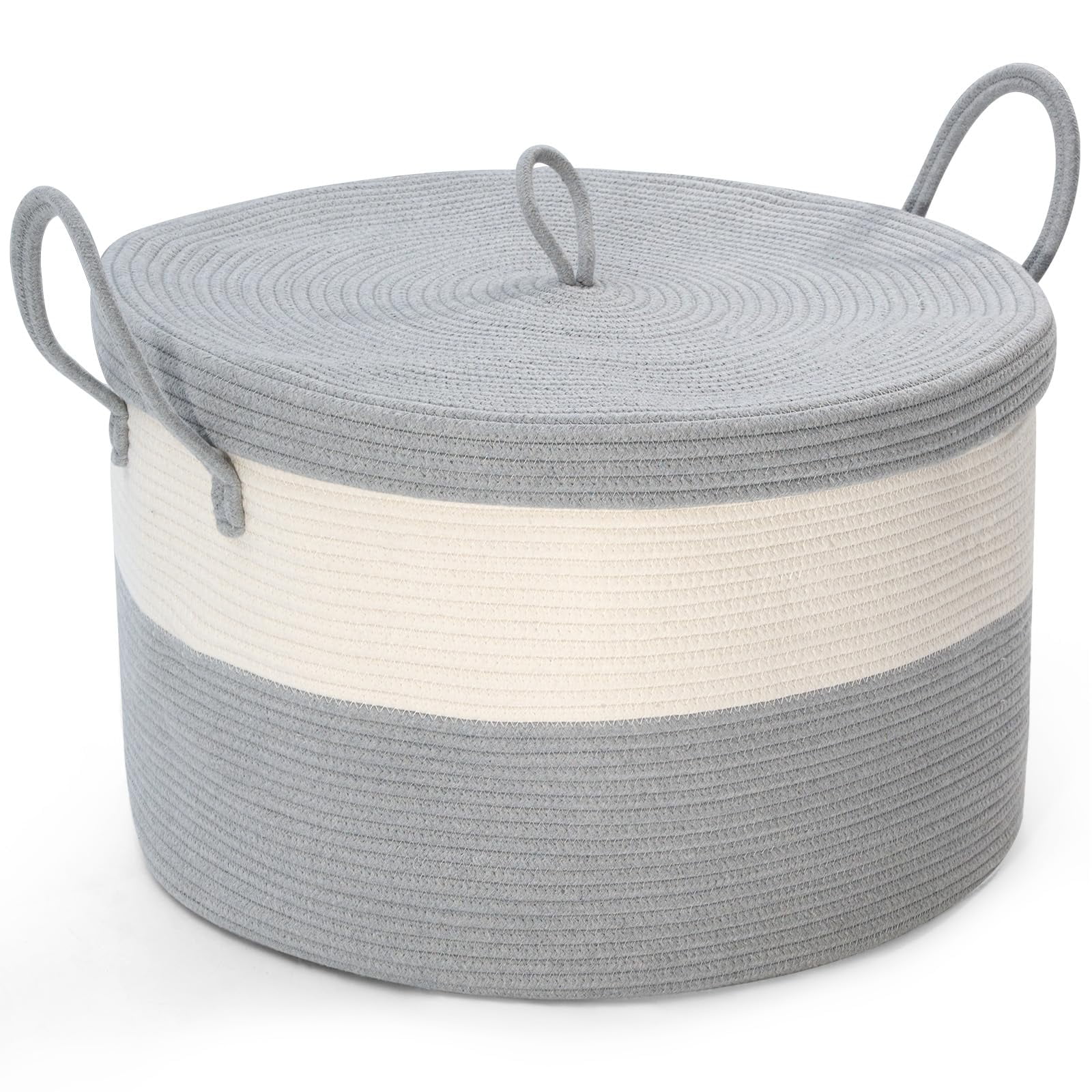XXL Blanket Basket with Lid 21.7 D X 13.8 H Rope Basket with Handles Large Toy Basket for Kids and Dogs Blanket Storage for Living Room Decorative Laundry Basket Nursery Organizing Grey C31